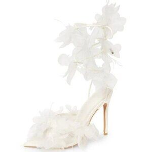 FSJ White Open Pointed Toe Lace-Up Sandals Tulle and Feather Bridal Shoes